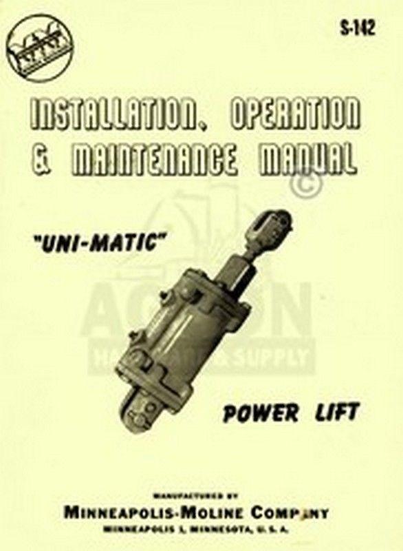 Minn Moline Power Lift Uni-Mat Operators Service Manual