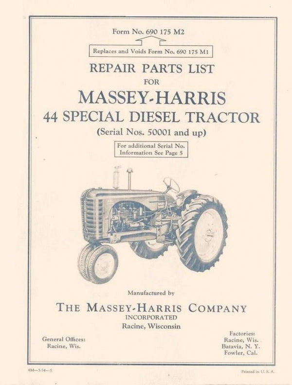 Massey Ferguson Harris M-H 44 Special Diesel Tractor Parts Book Manual 50001up