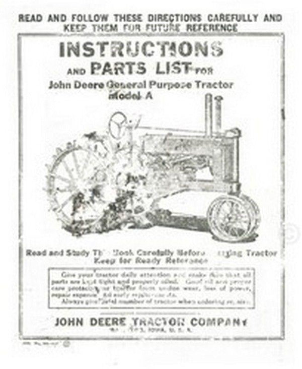 John Deere A GP Operators Instruction Parts Manual JD