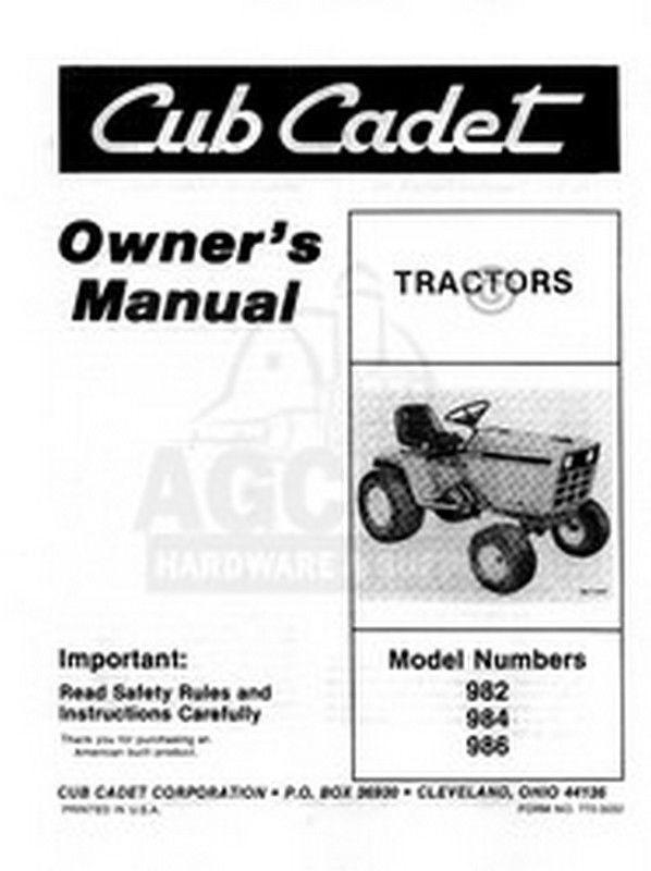 IH CUB CADET MODEL 982 984 986 Owners Operators Manual