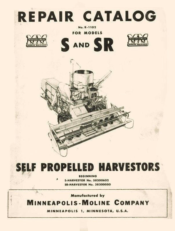 Minneapolis Moline S SR  Self Propelled  Harvestor Repair Parts Catalog Manual