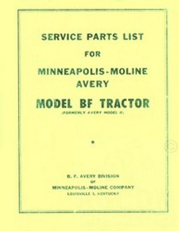 Avery Minneapolis Moline BF R Tractor Parts Manual List