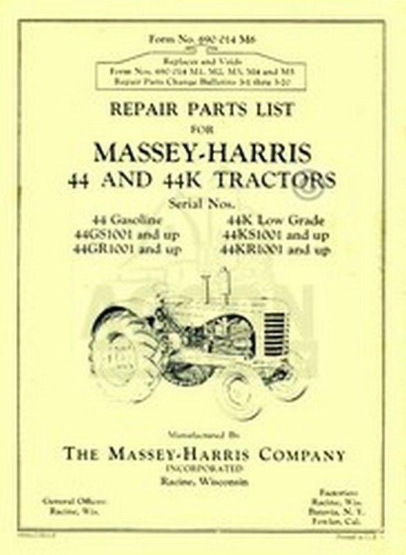 MASSEY HARRIS 44 & 44K Tractor Repair Part List Manual