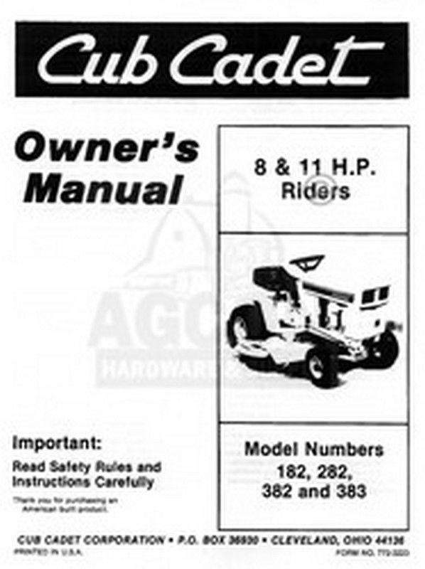 IH CUB CADET MODEL 182 282 382 383 Operators Manual