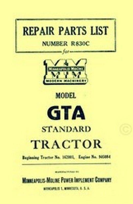 Minneapolis Moline Model GTA Standard Tractor Parts Manual Ser. 162001 up