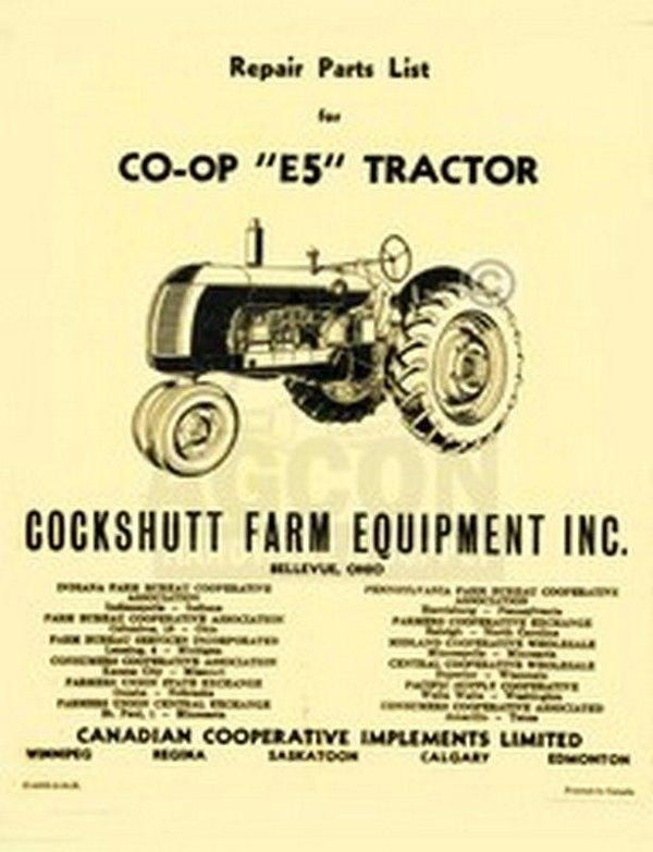 Cockshutt CO-OP E5 Tractor Repair Parts List Manual