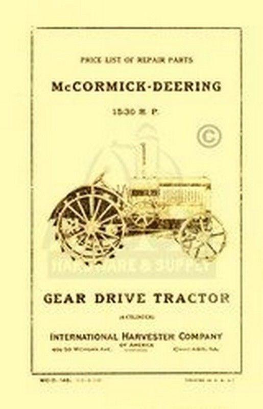 FARMALL McCormick Deering 15-30 Parts Price List Manual