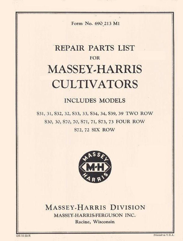 Massey Harris Cultivator S31 31 S32 32 S33 33 S34 34 S39 39 Parts List Manual