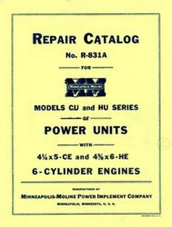 Minneapolis Moline Model CU HU Series Power Units CE HE Engine Parts List Manual