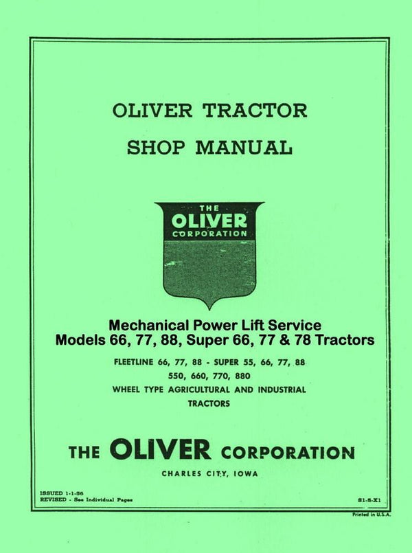 Oliver 66 77 88 Mechanical Power Lift Service Manual