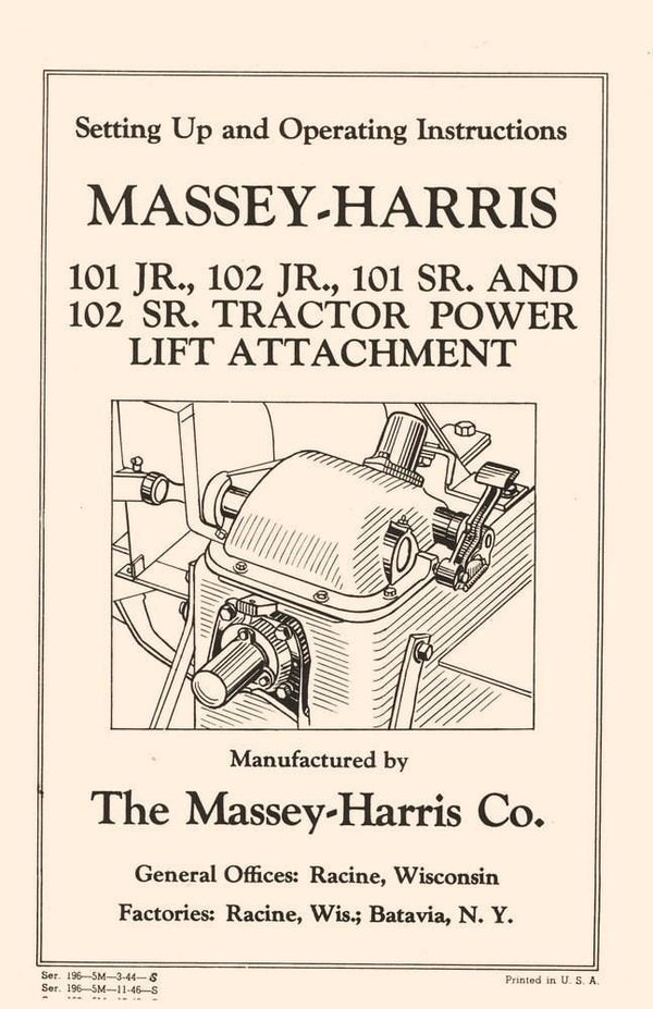 Massey Harris 101 102 Junior Senior Power Lift Manual