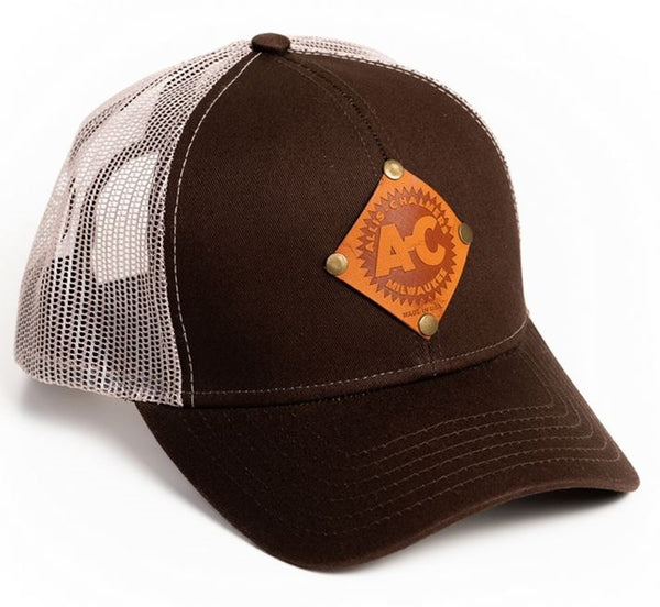 Brown Mesh Vintage Allis Chalmers Logo Hat Faux Leather Emblem