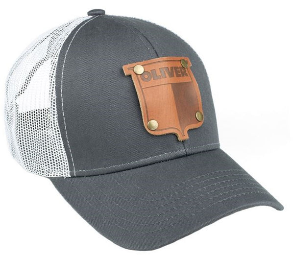 Gray Vintage Oliver Faux Leather Emblem Hat With White Mesh