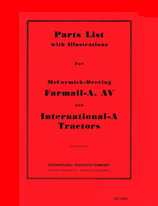 International A Farmall A AV Parts Manual McCormick Deering Tractor Part List IH